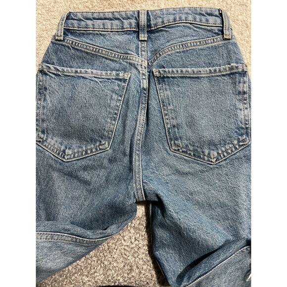 Zara Womens 0 Frayed Hem Jeans Blue Ripped Straight Leg High Rise Crop Cuffed - Picture 7 of 11